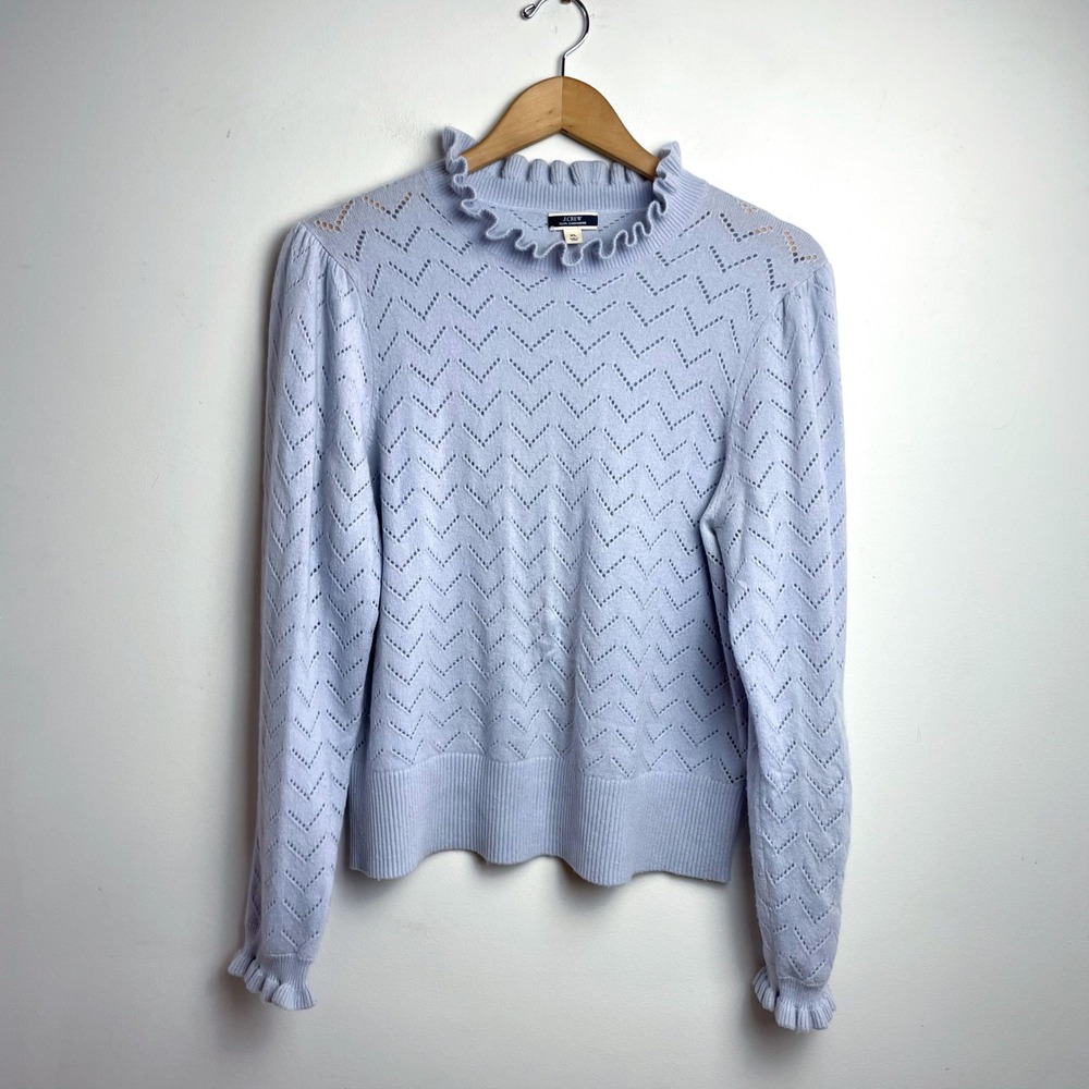 J.Crew Pale Blue Cashmere Pointelle Ruffle Neck Puff Sleeve Sweater Feminine